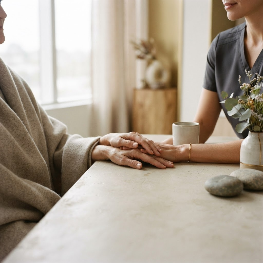 Warm minimalist editorial scene representing human-centered patient experience